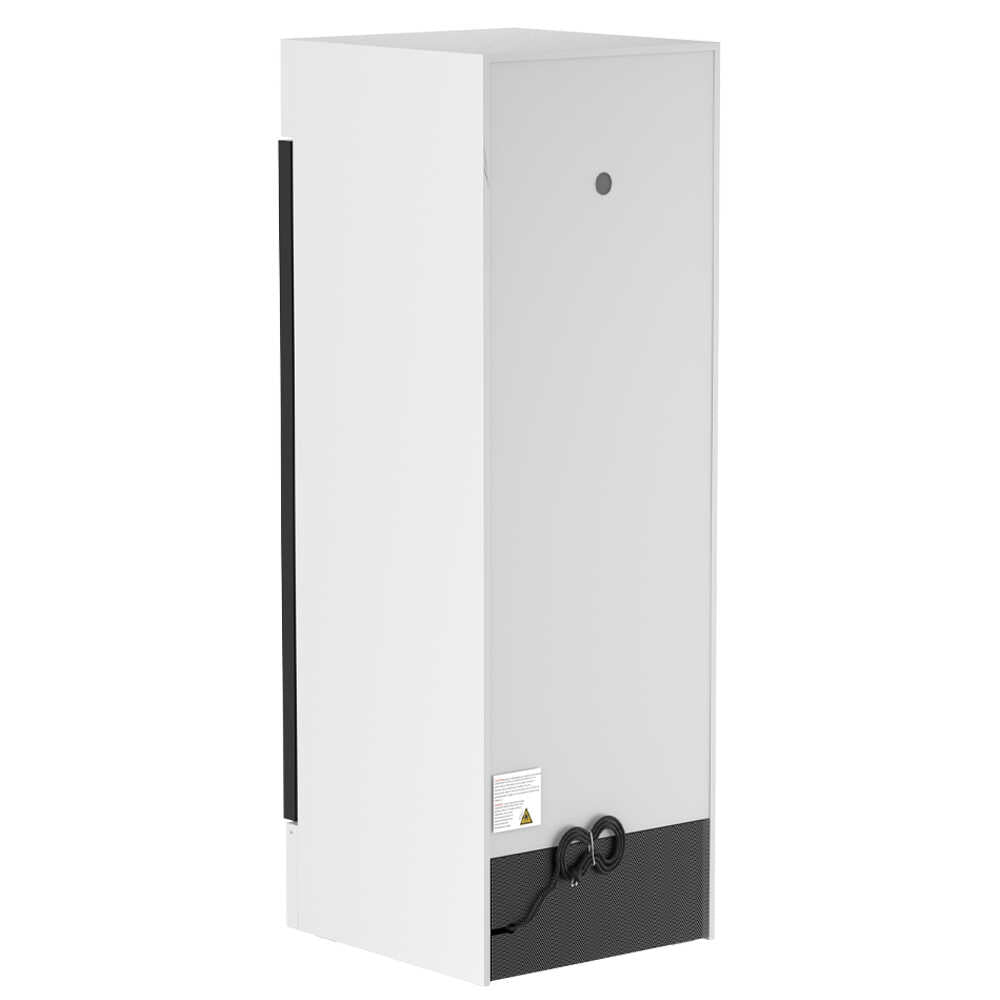 Coldline G15-W 26-inch white glass door merchandiser refrigerator with LED lighting, featuring a sleek white exterior and designed for optimal product visibility and display.