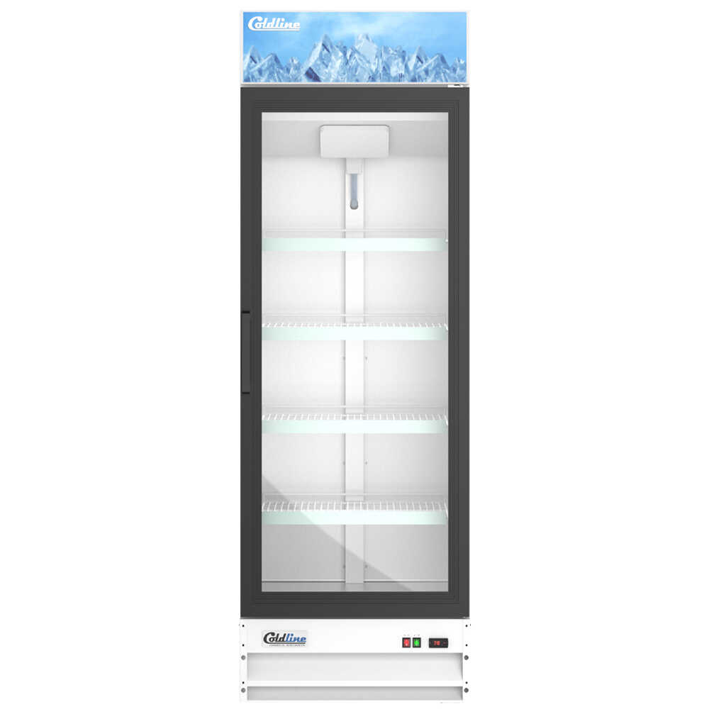 Coldline G15-W 26-inch white glass door merchandiser refrigerator with LED lighting, featuring a sleek white exterior and designed for optimal product visibility and display.