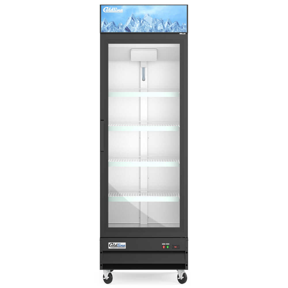 Coldline D12-B 27-inch glass door merchandiser freezer with LED lighting and a black exterior. This unit features a single glass door that provides clear visibility and easy access to frozen products, making it ideal for retail and foodservice settings. The LED lighting enhances the display of merchandise with bright and even illumination. The modern black finish complements any commercial environment, while the freezer design offers efficient storage and high visibility for frozen goods.