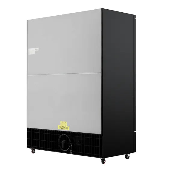 Coldline G2-B 49-inch two glass door merchandiser refrigerator with LED lighting in black, ideal for retail display of beverages and chilled products with clear visibility and organized storage.