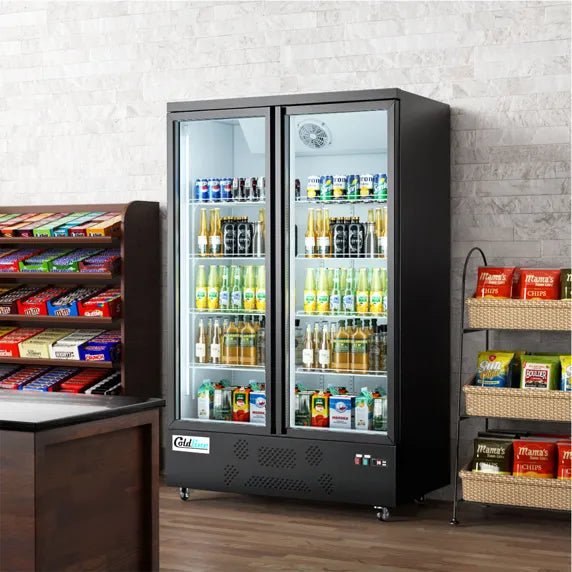 Coldline G2-B 49-inch two glass door merchandiser refrigerator with LED lighting in black, ideal for retail display of beverages and chilled products with clear visibility and organized storage.