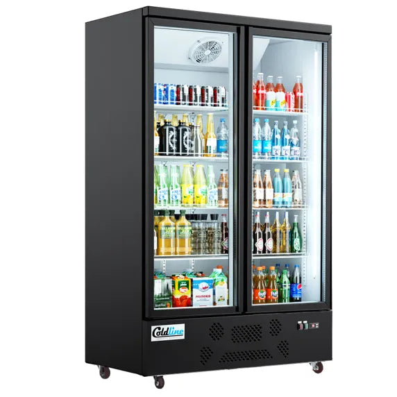 Coldline G2-B 49-inch two glass door merchandiser refrigerator with LED lighting in black, ideal for retail display of beverages and chilled products with clear visibility and organized storage.