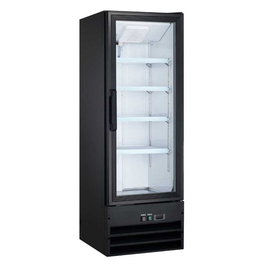 Coldline G10-B 21-inch glass door merchandiser refrigerator with LED lighting, black exterior.