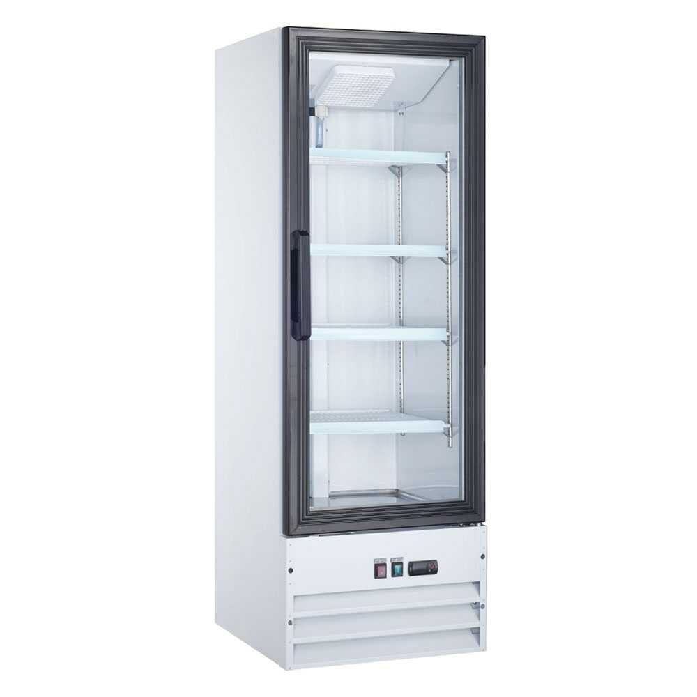 Coldline G10-W 21-inch glass door merchandiser refrigerator with LED lighting, white exterior.