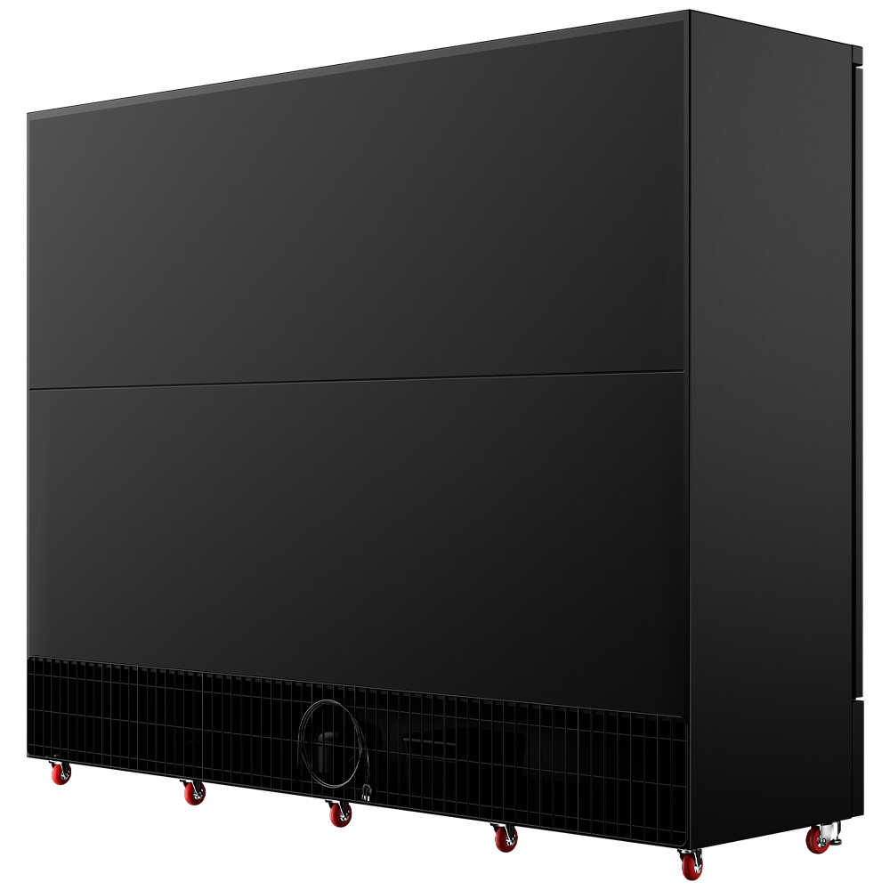 Coldline G4-B 98-inch four-glass door merchandiser refrigerator with LED lighting and a black exterior. This large capacity unit features four glass doors for easy access and maximum product visibility, ideal for high-demand retail settings. The integrated LED lighting enhances the display of merchandise with bright and even illumination, while the sleek black finish provides a contemporary and professional appearance, fitting seamlessly into any commercial environment.