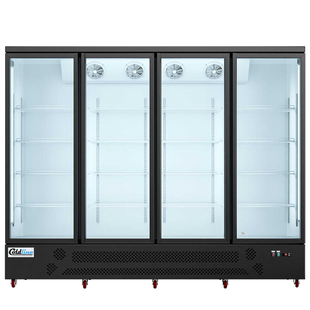 Coldline G4-B 98-inch four-glass door merchandiser refrigerator with LED lighting and a black exterior. This large capacity unit features four glass doors for easy access and maximum product visibility, ideal for high-demand retail settings. The integrated LED lighting enhances the display of merchandise with bright and even illumination, while the sleek black finish provides a contemporary and professional appearance, fitting seamlessly into any commercial environment.