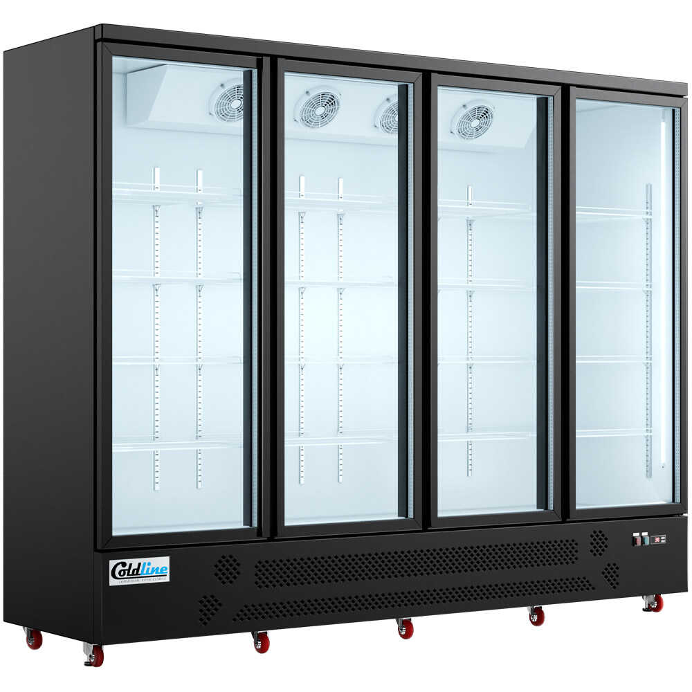 Coldline G4-B 98-inch four-glass door merchandiser refrigerator with LED lighting and a black exterior. This large capacity unit features four glass doors for easy access and maximum product visibility, ideal for high-demand retail settings. The integrated LED lighting enhances the display of merchandise with bright and even illumination, while the sleek black finish provides a contemporary and professional appearance, fitting seamlessly into any commercial environment.