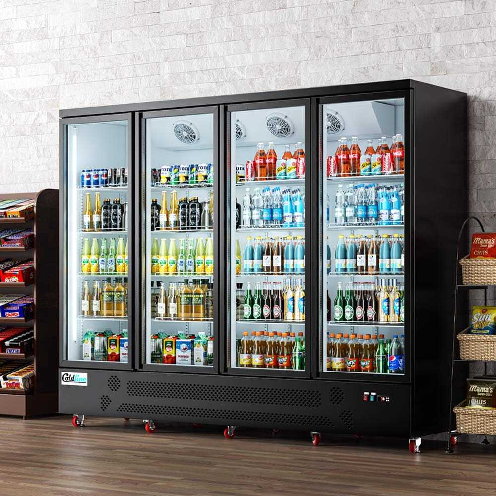 Coldline G4-B 98-inch four-glass door merchandiser refrigerator with LED lighting and a black exterior. This large capacity unit features four glass doors for easy access and maximum product visibility, ideal for high-demand retail settings. The integrated LED lighting enhances the display of merchandise with bright and even illumination, while the sleek black finish provides a contemporary and professional appearance, fitting seamlessly into any commercial environment.