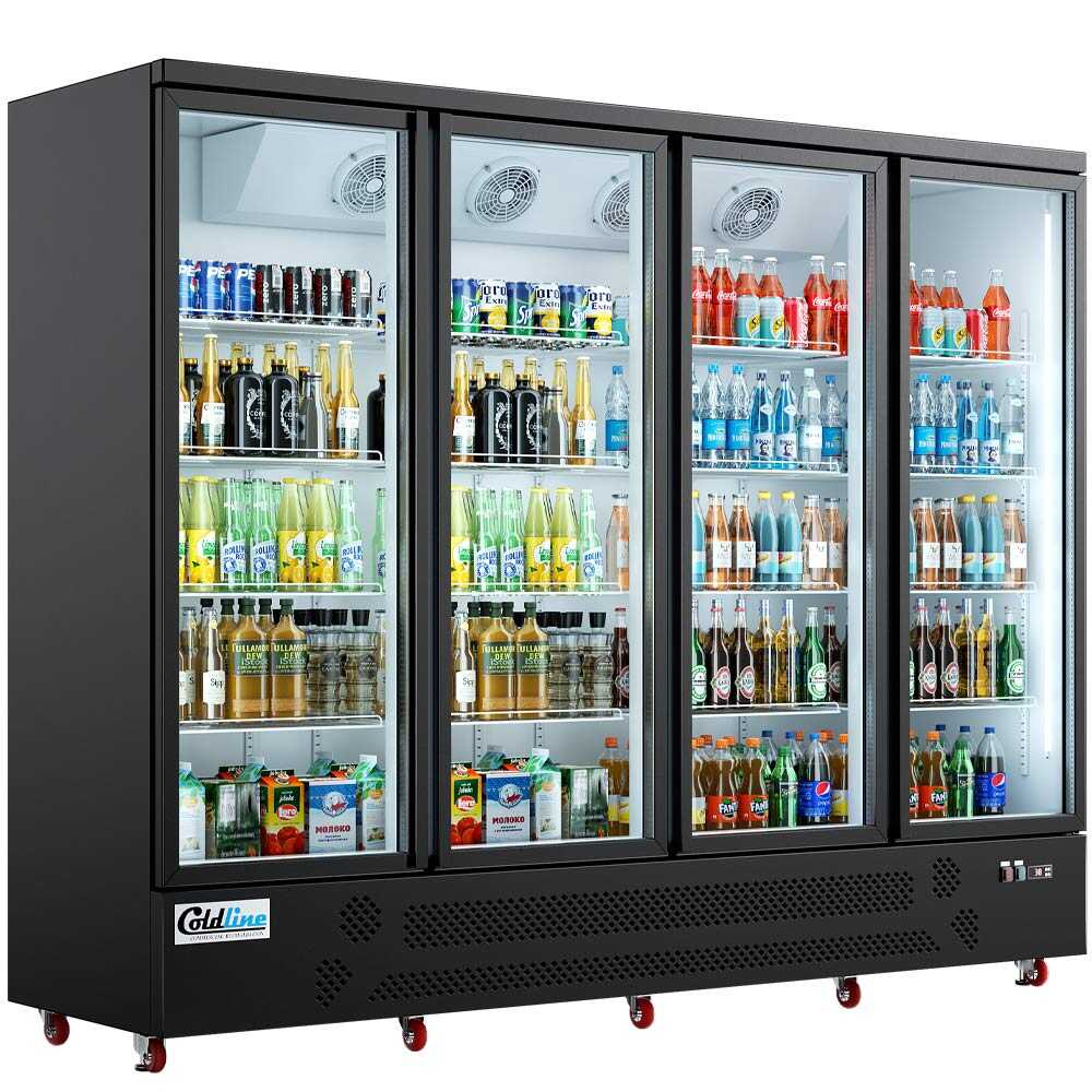 Coldline G4-B 98-inch four-glass door merchandiser refrigerator with LED lighting and a black exterior. This large capacity unit features four glass doors for easy access and maximum product visibility, ideal for high-demand retail settings. The integrated LED lighting enhances the display of merchandise with bright and even illumination, while the sleek black finish provides a contemporary and professional appearance, fitting seamlessly into any commercial environment.