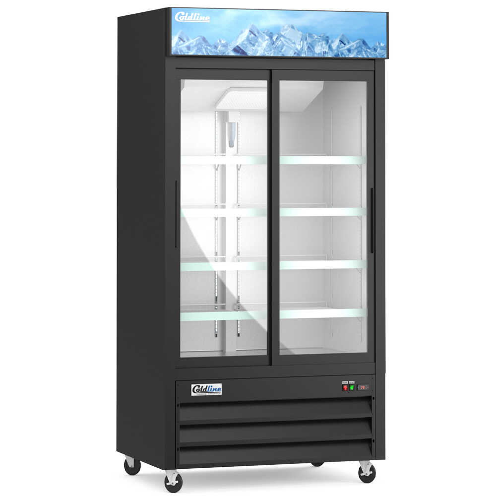 Coldline G40S-B 40-inch two-glass sliding door merchandiser refrigerator with LED lighting and a black exterior. This refrigerator features sliding glass doors for easy access and efficient use of space, making it perfect for showcasing and storing products in retail environments. The LED lighting enhances product visibility and presentation, while the sleek black finish complements any commercial setting.