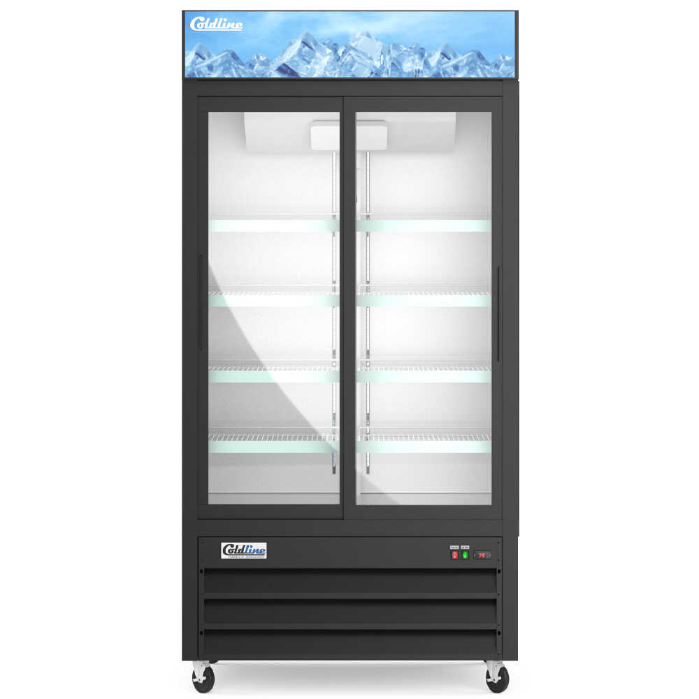 Coldline G40S-B 40-inch two-glass sliding door merchandiser refrigerator with LED lighting and a black exterior. This refrigerator features sliding glass doors for easy access and efficient use of space, making it perfect for showcasing and storing products in retail environments. The LED lighting enhances product visibility and presentation, while the sleek black finish complements any commercial setting.