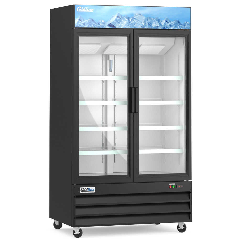 Coldline D48-B 48-inch two-glass door merchandiser freezer with LED lighting and a black exterior. This unit features two glass doors that provide easy access and excellent visibility for frozen products, making it ideal for high-traffic retail or foodservice environments. The LED lighting enhances the interior display with bright and even illumination, showcasing merchandise effectively. The sleek black finish offers a modern and professional appearance, while the spacious design allows for efficient stora