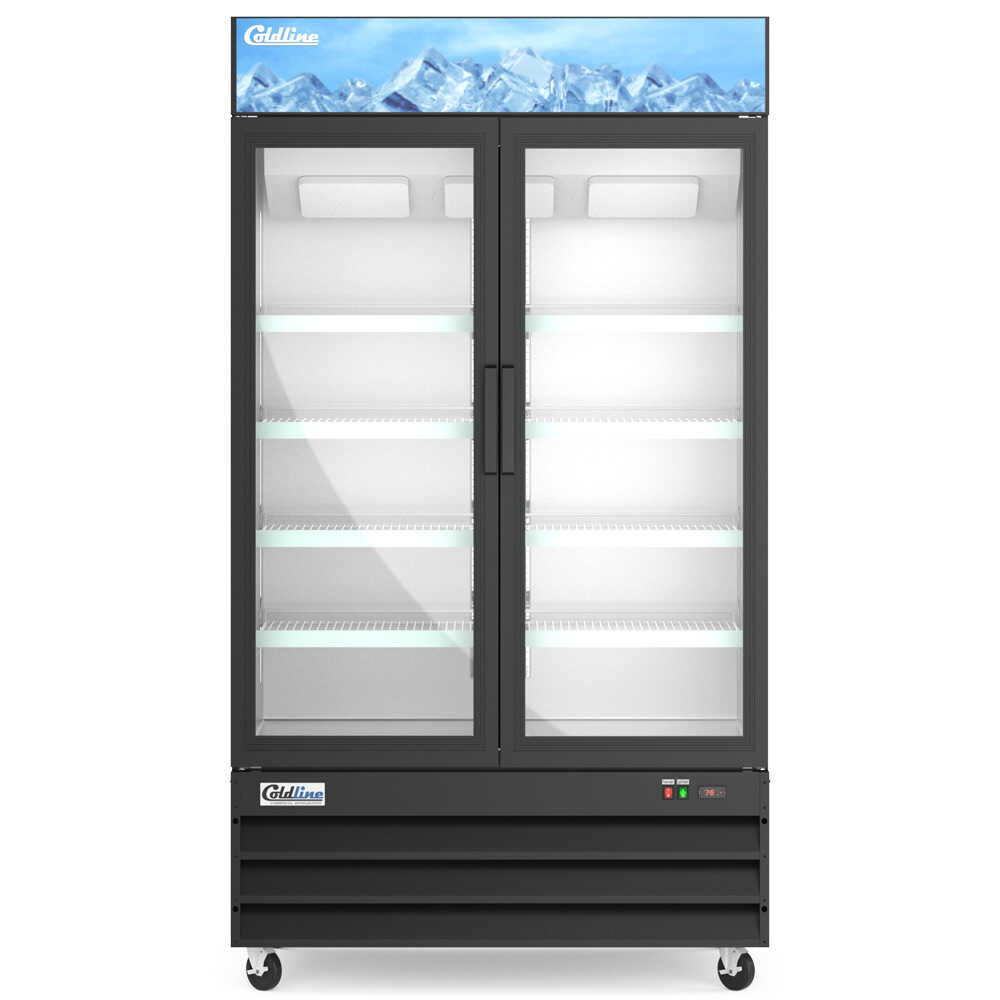 Coldline D48-B 48-inch two-glass door merchandiser freezer with LED lighting and a black exterior. This unit features two glass doors that provide easy access and excellent visibility for frozen products, making it ideal for high-traffic retail or foodservice environments. The LED lighting enhances the interior display with bright and even illumination, showcasing merchandise effectively. The sleek black finish offers a modern and professional appearance, while the spacious design allows for efficient stora