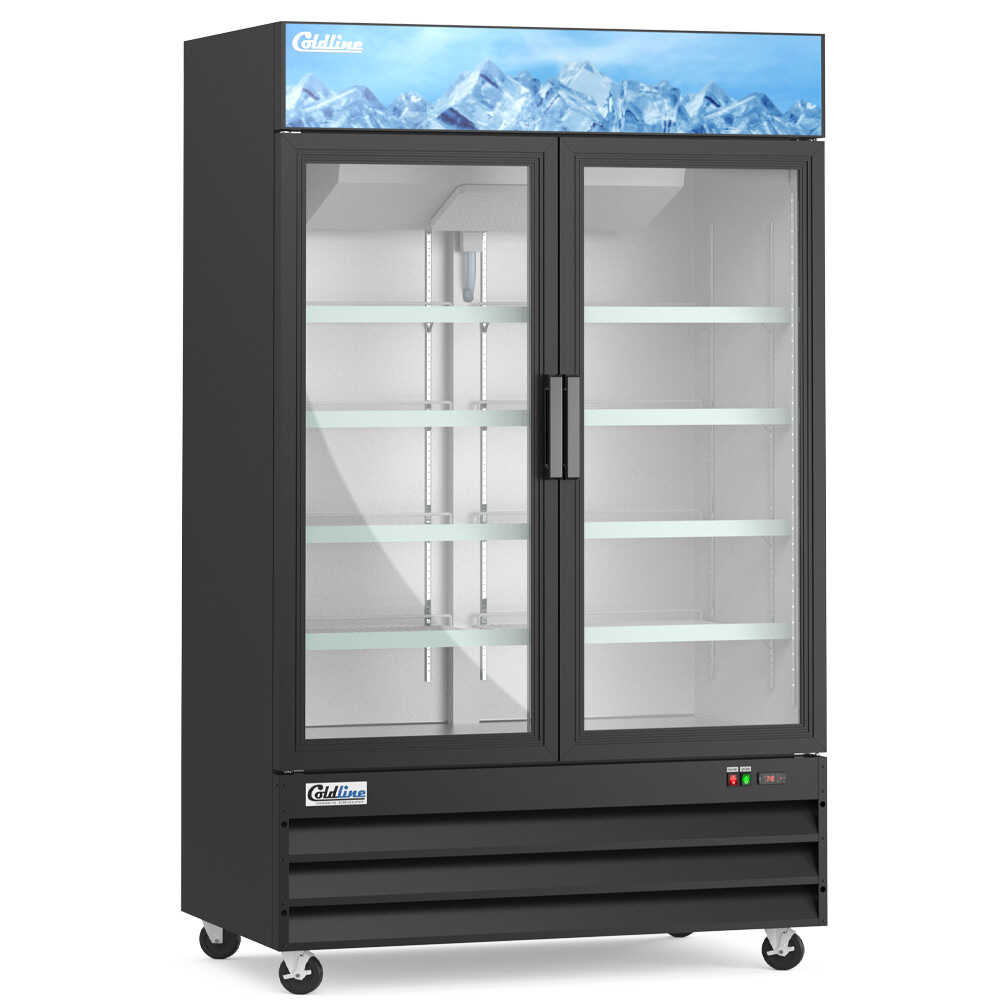 Coldline D53-B 53-inch two-glass door merchandiser freezer with LED lighting and a black exterior. This spacious unit features two glass doors that provide easy access and clear visibility of frozen products, making it perfect for busy retail or foodservice environments. The integrated LED lighting ensures bright and even illumination, enhancing product presentation and making it easier for customers to view merchandise. The sleek black finish adds a modern, professional touch, while the ample storage capac