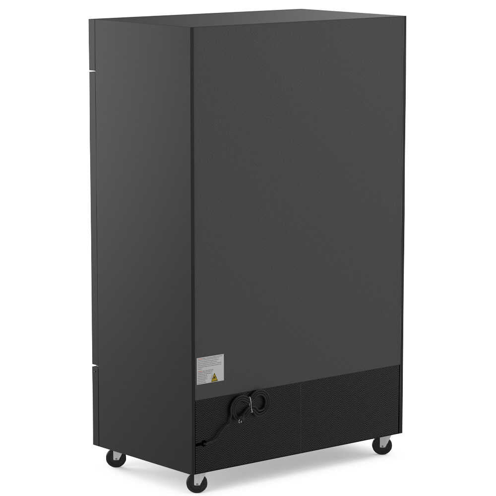 Coldline D53-B 53-inch two-glass door merchandiser freezer with LED lighting and a black exterior. This spacious unit features two glass doors that provide easy access and clear visibility of frozen products, making it perfect for busy retail or foodservice environments. The integrated LED lighting ensures bright and even illumination, enhancing product presentation and making it easier for customers to view merchandise. The sleek black finish adds a modern, professional touch, while the ample storage capac
