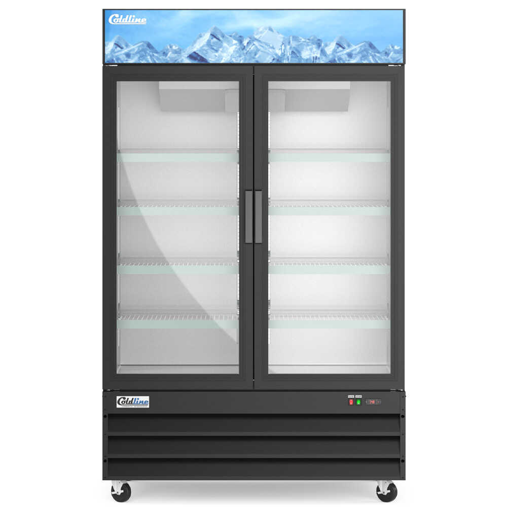 Coldline D53-B 53-inch two-glass door merchandiser freezer with LED lighting and a black exterior. This spacious unit features two glass doors that provide easy access and clear visibility of frozen products, making it perfect for busy retail or foodservice environments. The integrated LED lighting ensures bright and even illumination, enhancing product presentation and making it easier for customers to view merchandise. The sleek black finish adds a modern, professional touch, while the ample storage capac