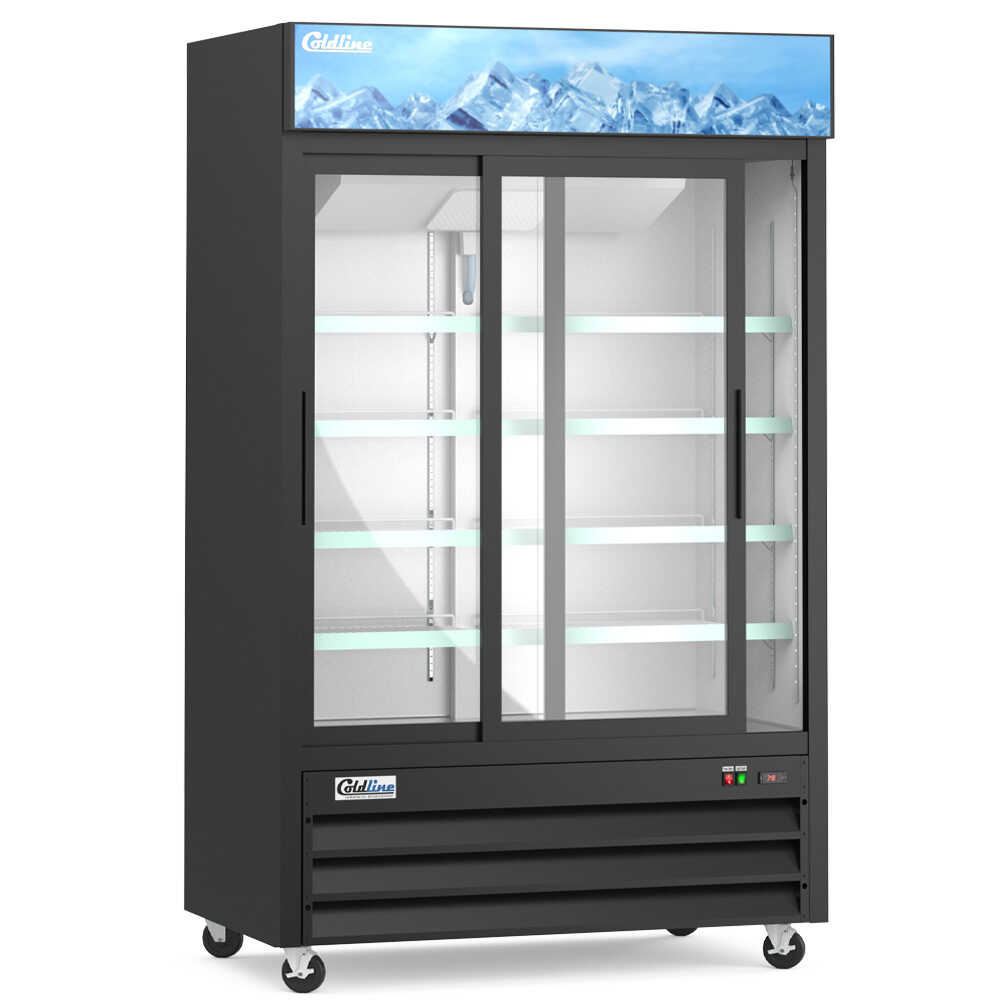 Coldline G53S-B 53-inch double glass sliding door merchandiser refrigerator with LED lighting and a black exterior. This refrigerator is designed with double sliding glass doors for efficient access and space-saving, making it ideal for high-traffic retail environments. The LED lighting illuminates the interior, enhancing product visibility and presentation. The sleek black finish adds a contemporary touch, ensuring that the unit blends seamlessly into modern commercial settings.