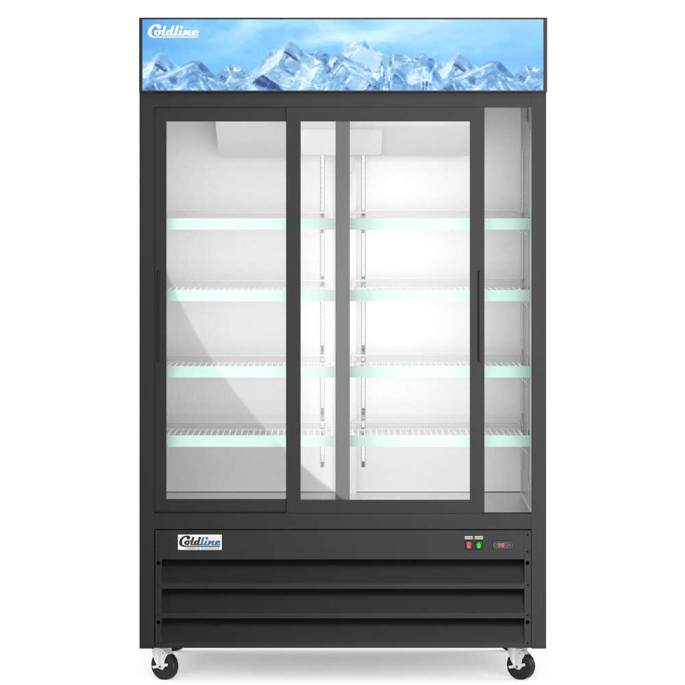 Coldline G53S-B 53-inch double glass sliding door merchandiser refrigerator with LED lighting and a black exterior. This refrigerator is designed with double sliding glass doors for efficient access and space-saving, making it ideal for high-traffic retail environments. The LED lighting illuminates the interior, enhancing product visibility and presentation. The sleek black finish adds a contemporary touch, ensuring that the unit blends seamlessly into modern commercial settings.