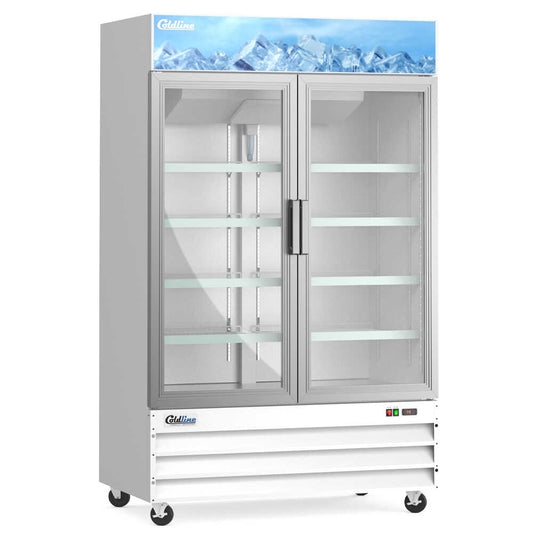 Coldline G53-W 53-inch double glass swing door merchandiser refrigerator with LED lighting and a white exterior. This refrigerator features double swing glass doors for easy access and enhanced product visibility, making it perfect for showcasing and organizing merchandise in retail environments. The LED lighting provides bright, even illumination to highlight products, while the clean white finish offers a modern and professional appearance for any commercial setting.