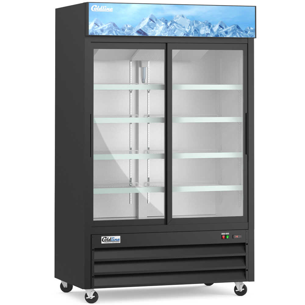 Coldline G53S-B 53-inch double glass sliding door merchandiser refrigerator with LED lighting and a black exterior. This refrigerator is designed with double sliding glass doors for efficient access and space-saving, making it ideal for high-traffic retail environments. The LED lighting illuminates the interior, enhancing product visibility and presentation. The sleek black finish adds a contemporary touch, ensuring that the unit blends seamlessly into modern commercial settings.