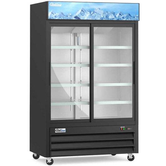 Coldline G53S-B 53-inch double glass sliding door merchandiser refrigerator with LED lighting and a black exterior. This refrigerator is designed with double sliding glass doors for efficient access and space-saving, making it ideal for high-traffic retail environments. The LED lighting illuminates the interior, enhancing product visibility and presentation. The sleek black finish adds a contemporary touch, ensuring that the unit blends seamlessly into modern commercial settings.