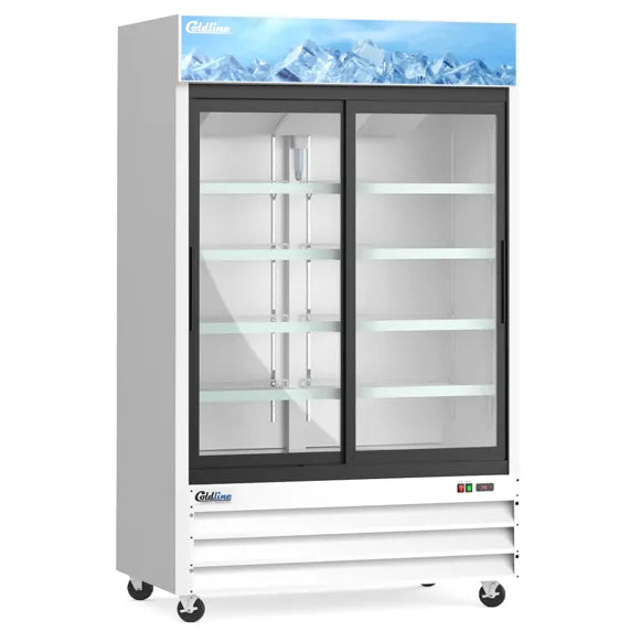 Coldline G53S-W 53" double glass sliding door merchandiser refrigerator with LED lighting, white exterior finish, and wide-capacity commercial display. Designed for maximum product visibility with bright interior lighting, adjustable shelving, and efficient cooling—ideal for convenience stores, cafes, supermarkets, and beverage merchandising.