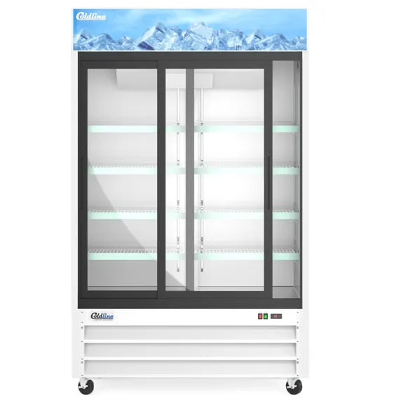 Coldline G53S-W 53" double glass sliding door merchandiser refrigerator with LED lighting, white exterior finish, and wide-capacity commercial display. Designed for maximum product visibility with bright interior lighting, adjustable shelving, and efficient cooling—ideal for convenience stores, cafes, supermarkets, and beverage merchandising.