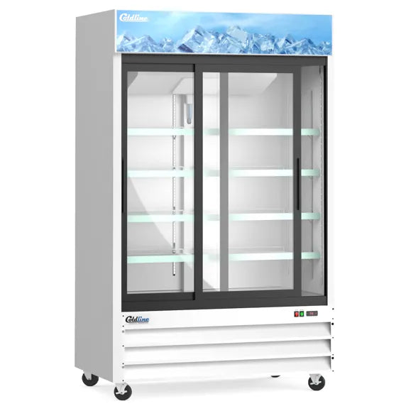 Coldline G53S-W 53" double glass sliding door merchandiser refrigerator with LED lighting, white exterior finish, and wide-capacity commercial display. Designed for maximum product visibility with bright interior lighting, adjustable shelving, and efficient cooling—ideal for convenience stores, cafes, supermarkets, and beverage merchandising.