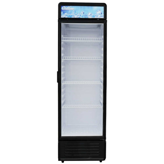 Single glass swing door merchandising refrigerator with a 9 cubic foot capacity and a black exterior.