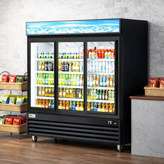 Coldline G80S-B 78-inch three glass sliding door merchandiser refrigerator with LED lighting in black, ideal for retail display of beverages and chilled products with high visibility and easy customer access.