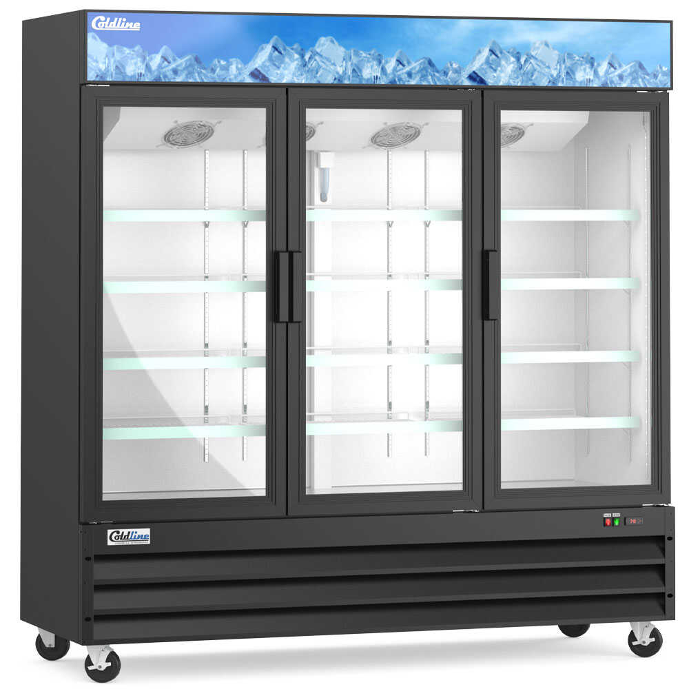 Coldline G80-B 78-inch three-glass door merchandiser refrigerator with LED lighting and a black exterior. This unit features three glass doors that provide easy access and enhanced visibility for merchandising a wide range of products. The built-in LED lighting ensures bright and clear illumination, highlighting the contents for optimal presentation. The sleek black finish offers a modern, professional look, making it a perfect addition to any commercial retail environment.