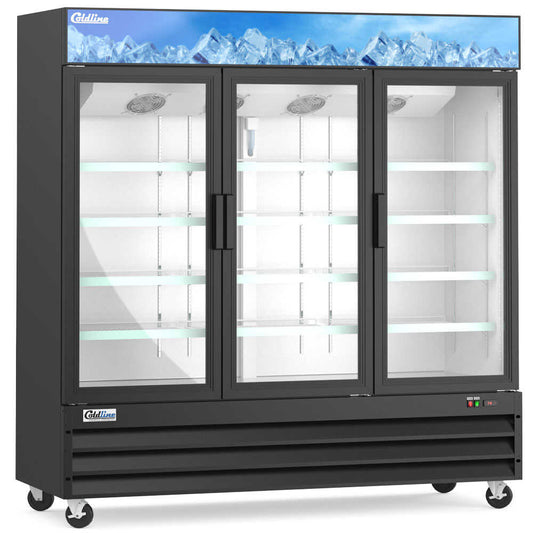 diser freezer with LED lighting and a black exterior. This large unit features three glass doors for easy access and visibility of frozen products, ideal for high-traffic retail or foodservice settings. The LED lighting ensures bright illumination, enhancing product presentation. The sleek black finish adds a modern touch, while the spacious interior allows for efficient organization and display of frozen goods.