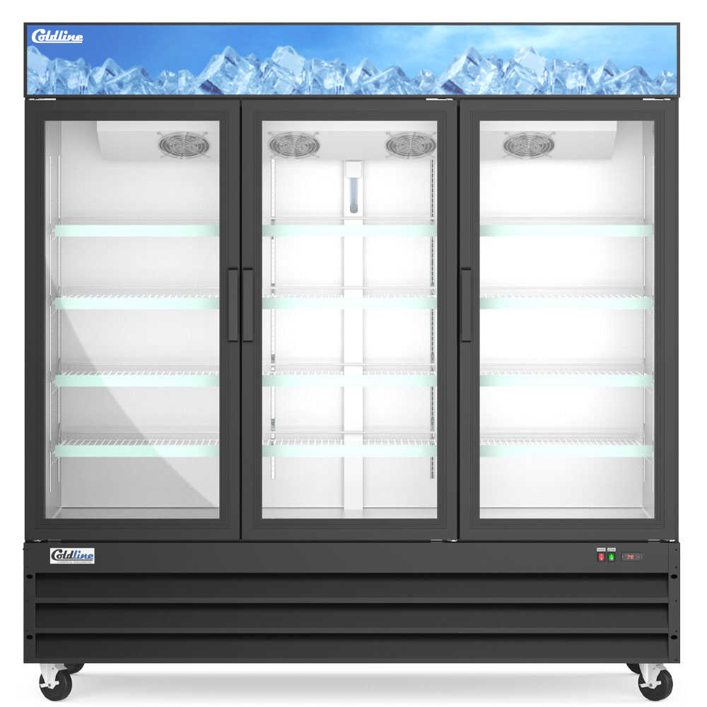 Coldline G80-B 78-inch three-glass door merchandiser refrigerator with LED lighting and a black exterior. This unit features three glass doors that provide easy access and enhanced visibility for merchandising a wide range of products. The built-in LED lighting ensures bright and clear illumination, highlighting the contents for optimal presentation. The sleek black finish offers a modern, professional look, making it a perfect addition to any commercial retail environment.