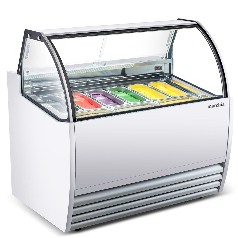 Marchia GIC-9 51-inch 9-pan white gelato ice cream dipping cabinet display freezer with glass top, designed to showcase and serve multiple flavors in ice cream shops and dessert parlors.