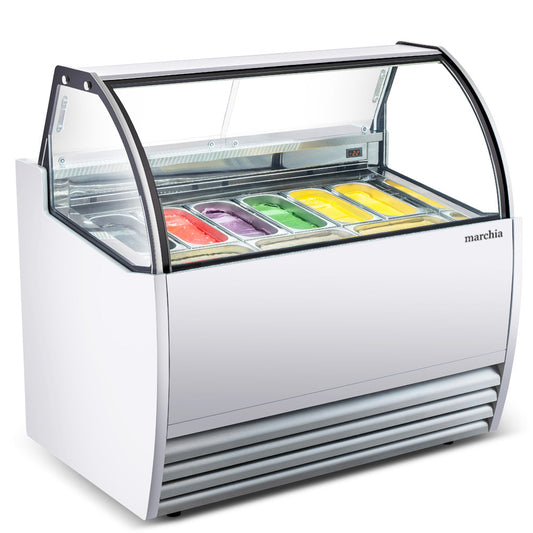 Marchia GIC-9 51-inch 9-pan white gelato ice cream dipping cabinet display freezer with glass top, designed to showcase and serve multiple flavors in ice cream shops and dessert parlors.