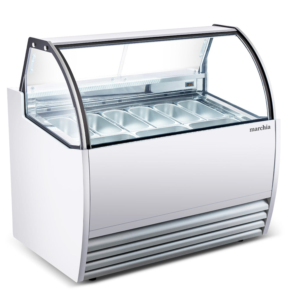 Marchia GIC-9 51-inch 9-pan white gelato ice cream dipping cabinet display freezer with glass top, designed to showcase and serve multiple flavors in ice cream shops and dessert parlors.