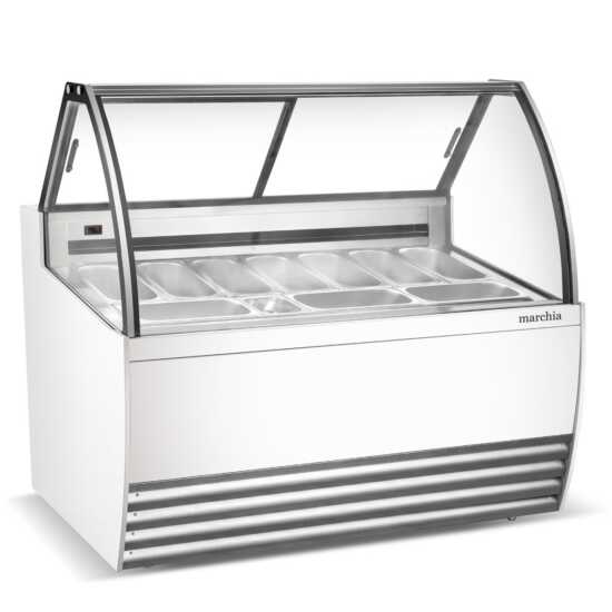 The Marchia GIC-10 56" Gelato Ice Cream Dipping Cabinet keeps 10 pans of gelato at optimal serving temperatures, perfect for displaying and serving frozen treats in restaurants or cafes.