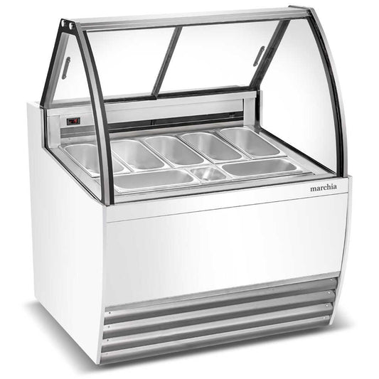 The Marchia GIC-7 42" Gelato Ice Cream Dipping Cabinet holds 7 pans of gelato, offering a sleek, efficient display and storage solution for showcasing and serving frozen desserts in various settings.