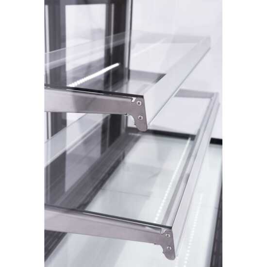 The Marchia MB36-B 36-inch Curved Glass Refrigerated Bakery Display Case in black, designed to display baked goods, desserts, and pastries while maintaining freshness and optimal temperature. Ideal for bakeries, cafés, and delis.