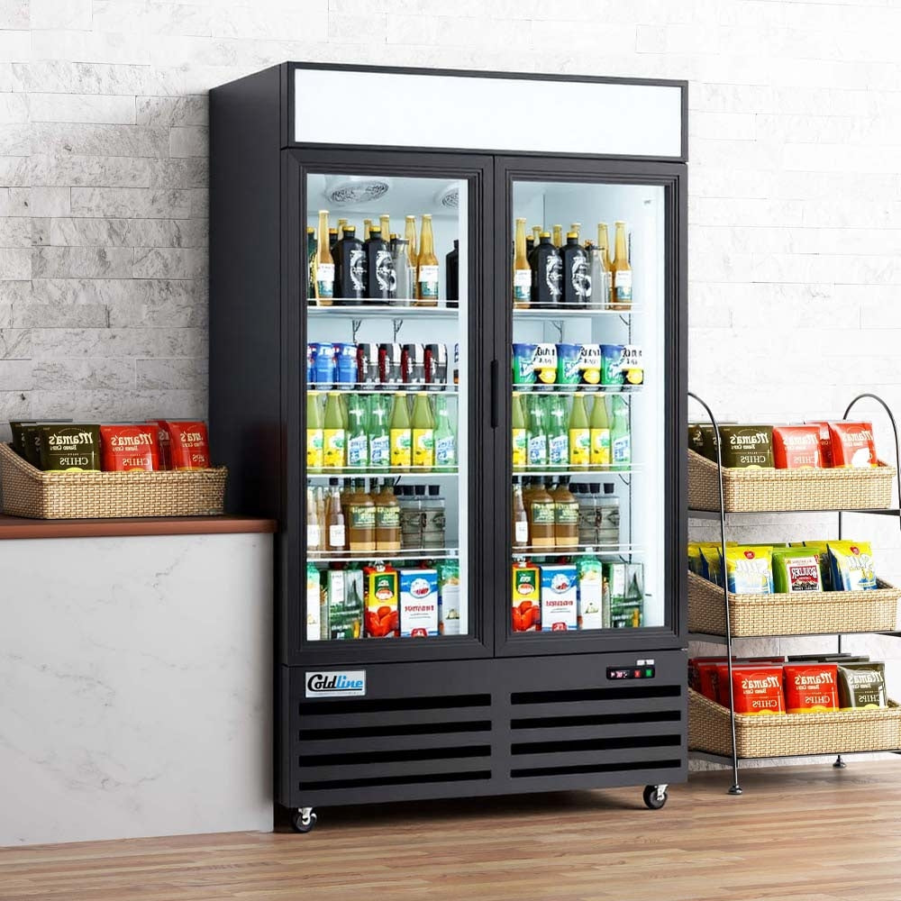 Coldline GLD54R 55-inch double glass swing door merchandiser refrigerator black with LED lighting for attractive refrigerated display in retail stores cafes and commercial kitchens
