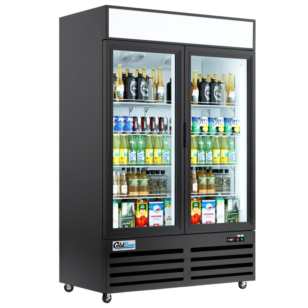 Coldline GLD54R 55-inch double glass swing door merchandiser refrigerator black with LED lighting for attractive refrigerated display in retail stores cafes and commercial kitchens