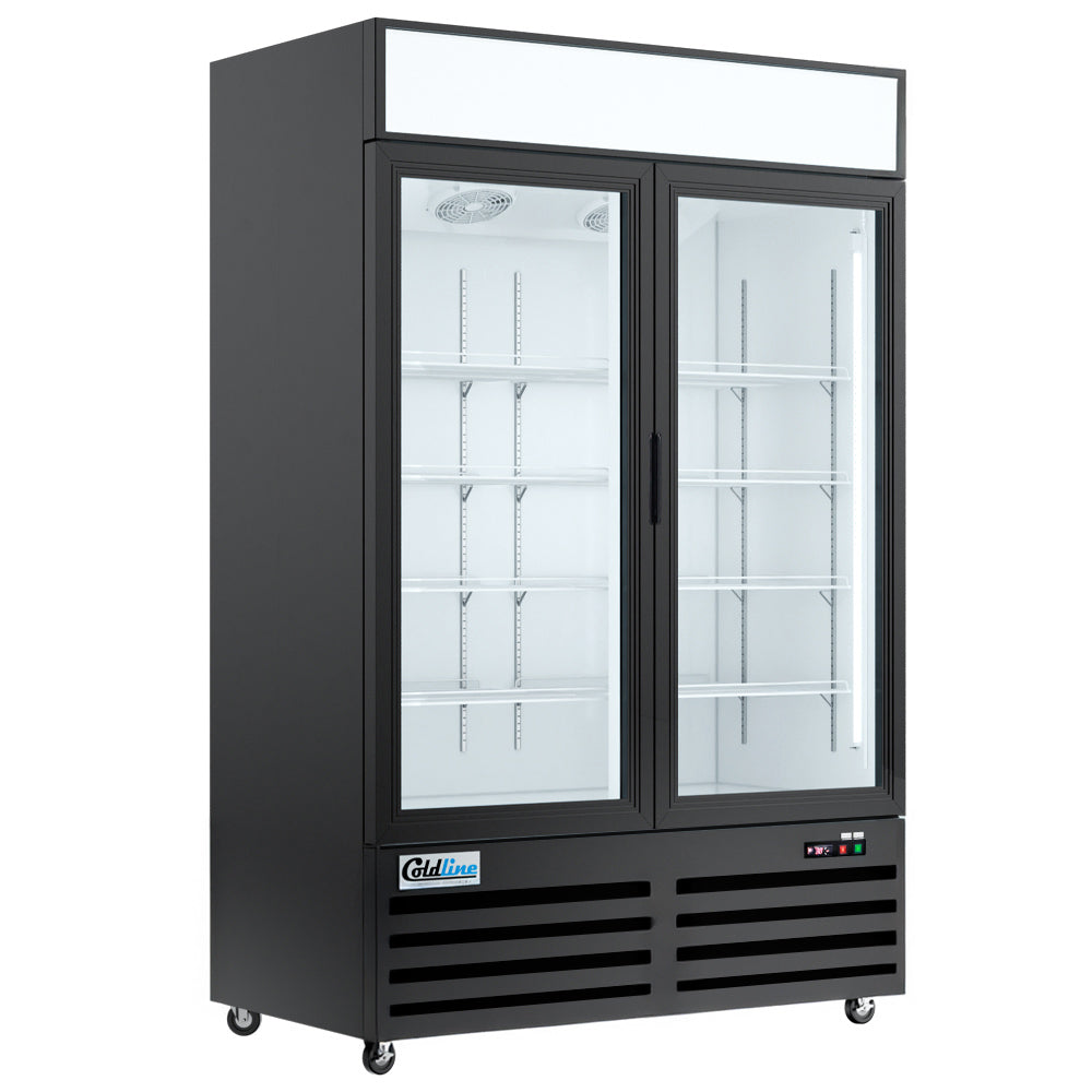 Coldline GLD54R 55-inch double glass swing door merchandiser refrigerator black with LED lighting for attractive refrigerated display in retail stores cafes and commercial kitchens