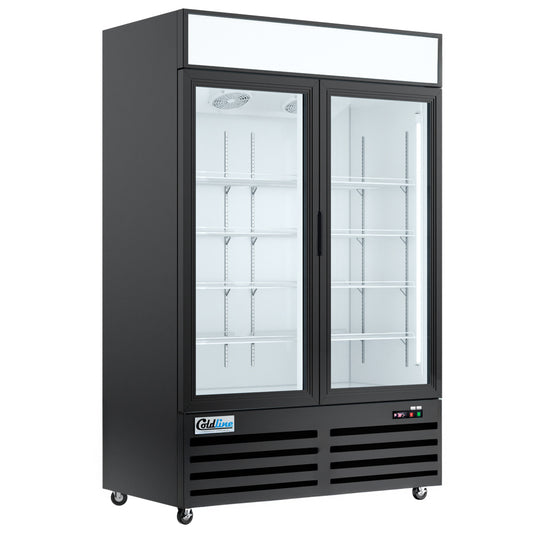 Coldline GLD54R 55-inch double glass swing door merchandiser refrigerator black with LED lighting for attractive refrigerated display in retail stores cafes and commercial kitchens