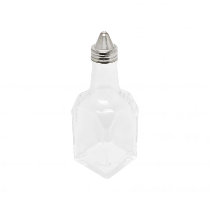 Thunder Group Oil &amp; Vinegar Cruet 12/Pcs is a stylish essential for hotels, restaurants, and catering services. This 6 oz cruet features a clear, high-quality glass body paired with a sleek stainless steel cap, offering both durability and refined presentation. Measuring 2 1/8" in width and depth and standing 5 7/8" tall, it's perfectly sized for elegant tabletop service. 