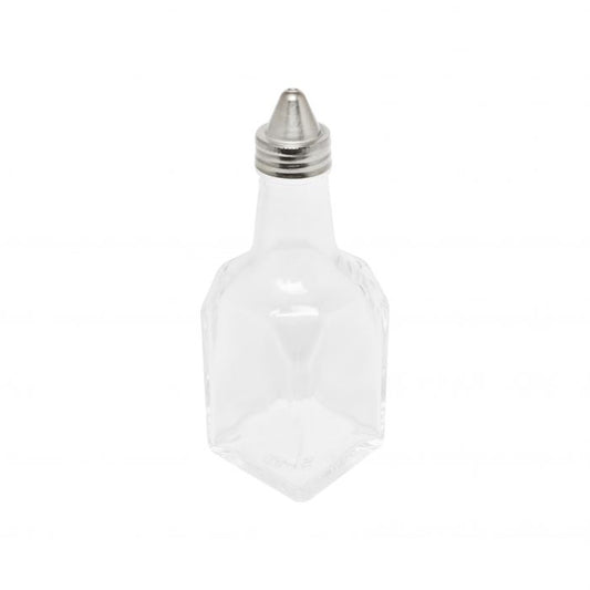Thunder Group Oil &amp; Vinegar Cruet 12/Pcs is a stylish essential for hotels, restaurants, and catering services. This 6 oz cruet features a clear, high-quality glass body paired with a sleek stainless steel cap, offering both durability and refined presentation. Measuring 2 1/8" in width and depth and standing 5 7/8" tall, it's perfectly sized for elegant tabletop service. 