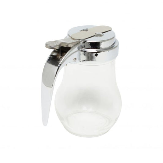 Thunder Group Syrup Dispenser adds a classic, polished touch to breakfast and dessert service in any hotel, restaurant, or catering setting. With a 6 oz capacity and dimensions of 2 3/4" diameter by 4 1/8" height, it’s perfectly sized for tabletop use. The clear glass body offers effortless content visibility, while the sturdy cast zinc cap provides smooth, controlled pouring to minimize mess. 