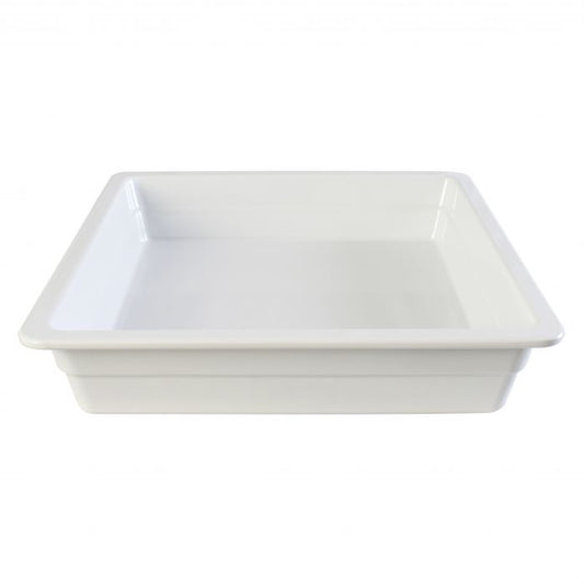 Thunder Group Gastronorm Pan can be used for serving fried shrimps, bbq chicken wings, steamed vegetables, or any other dish. This white melamine pan is extremely durable and made for the both cold and hot food. Featuring a solid, smooth construction this pan has 2 1/2-Inch depth to hold your main dishes, entrees, or desserts. Melamine pan is not suitable for cooking and warming foods in a microwave or oven. Thunder Group melamine pan is an attractive and practical solution for any budget.