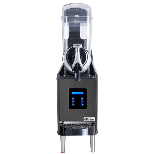 Coldline GRANITA1-MAX Single Bowl Pourover Granita Slush Machine with sleek black design, ideal for serving frozen beverages like slushies or granitas in cafes, bars, and convenience stores.