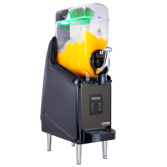 Coldline GRANITA1-MAX Single Bowl Pourover Granita Slush Machine with sleek black design, ideal for serving frozen beverages like slushies or granitas in cafes, bars, and convenience stores.