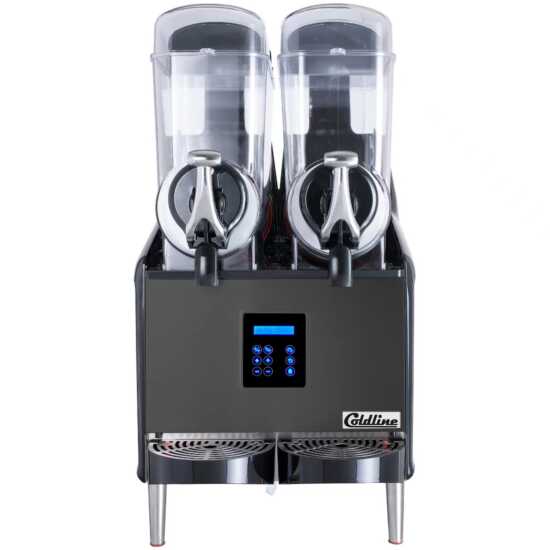 Coldline GRANITA-2X Double 2 Bowl Pourover Granita Slush Machine, 6.4-gallon capacity, designed for serving granitas, slushes, and frozen beverages. Dual bowls allow for efficient high-volume dispensing.